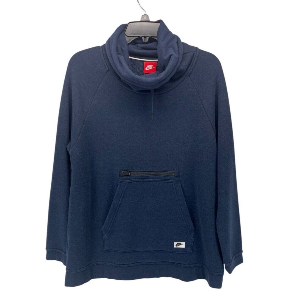 Nike Womens Pullover Sweatshirt M Funnel Neck Kangaroo Pocket Navy Blue